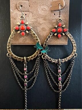 Lucky Brand Antique Gold Floral Teardrop Earrings with Orange and Green Accents